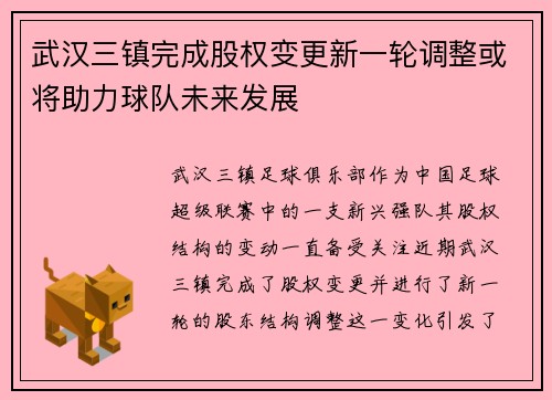 武汉三镇完成股权变更新一轮调整或将助力球队未来发展
